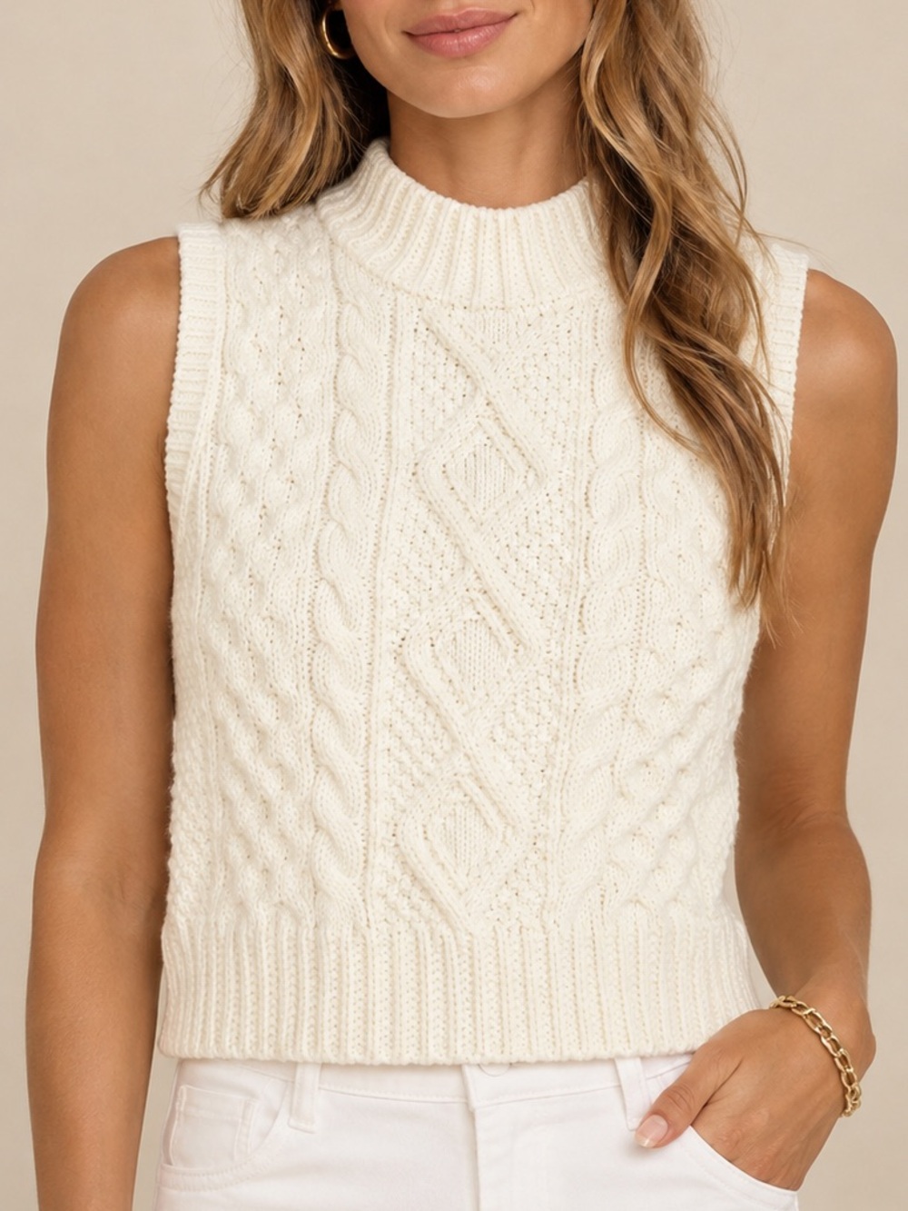 Polo Ralph Lauren 100% Cotton Aran Knit Sleeveless Sweater Size M Cream Cable